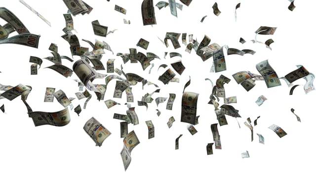 Money rain, dollar banknotes fly. Isolated on white background photo