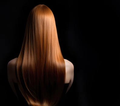 Long healthy female hair viewed from the back with copy-space, Generative AI photo