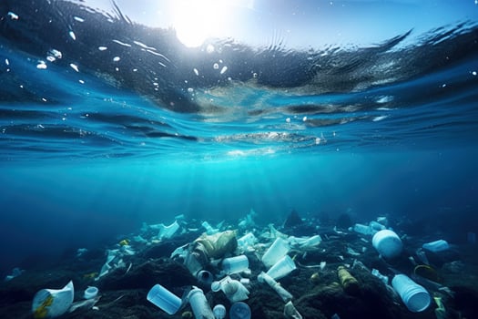 Plastic waste, litter and garbage pollute underwater ocean, Generative AI photo
