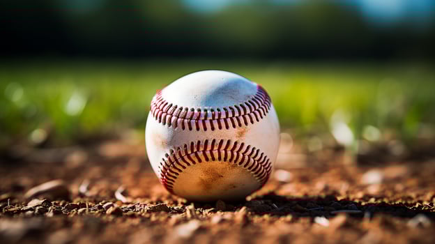 A close-up view of Baseball on Well-Maintained Infield Chalk Line in Outdoor Sports Field, Close-Up View with Rich Brown and White Contrast, Blured Background, AI-generated photo