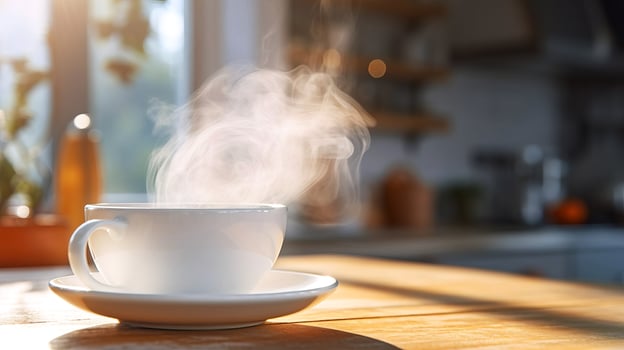 A cup of coffee on a saucer is on the table. AI generated. photo