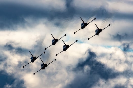 Aerobatic team at airshow. Flight demonstration and formation flying. Air force and military show. Airport and air base. Aviation and aircraft. Fly and flying. photo