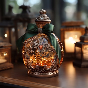 Luxury lantern on a wooden table. Close up. Generative AI photo