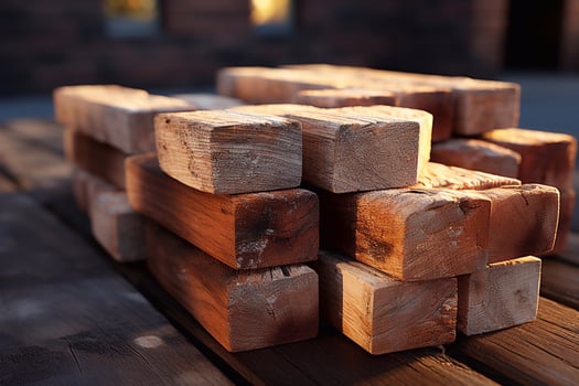 Pile of wooden long bricks isolated on blur background. Selective focus. Generative AI photo