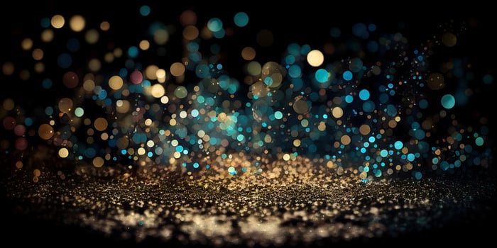 Light abstract glowing bokeh light. Shining star, sun particles and sparks with lens flare effect on black background. Sparkling magical dust particles. Christmas concept. AI Generative photo