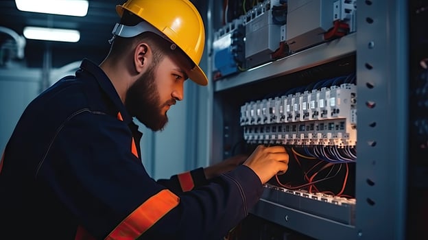 Electrician engineer with plan to check electrical supply in front of control fuse switchboard photo