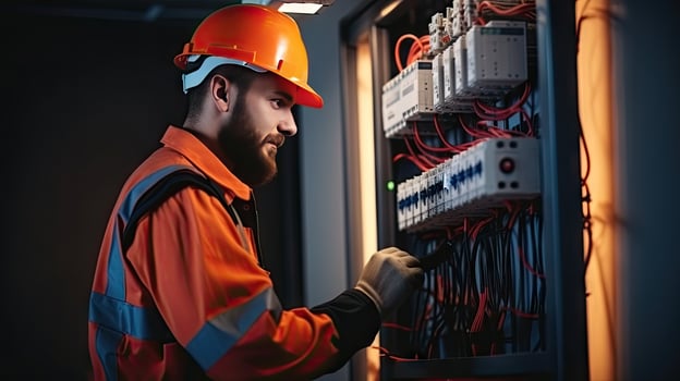 Electrician engineer with plan to check electrical supply in front of control fuse switchboard photo