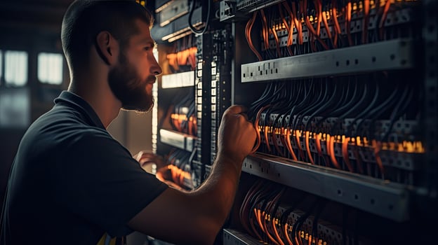Electrician engineer with plan to check electrical supply in front of control fuse switchboard photo