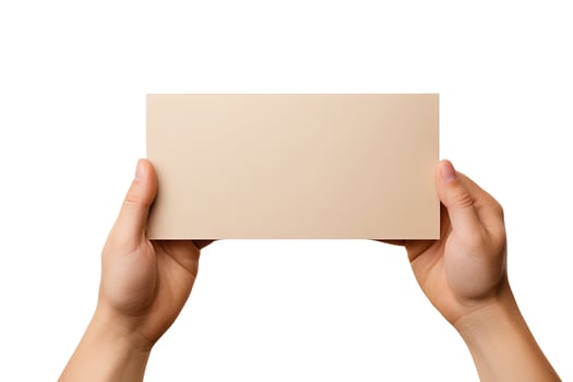 A human hand holding a blank sheet of beige paper or card isolated on a white background. ai generated photo
