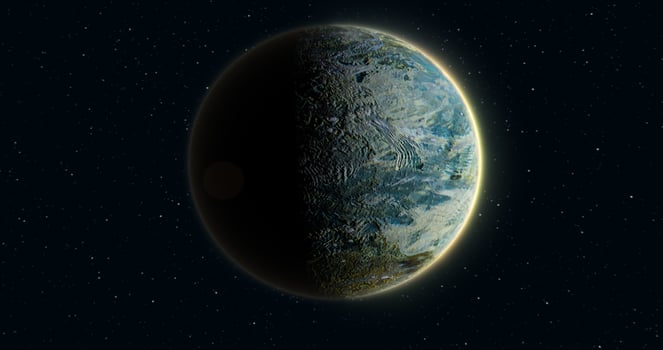 Abstract realistic futuristic planet round sphere against the background of stars in space photo