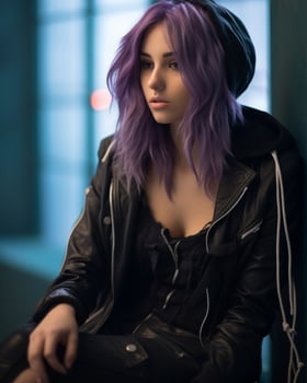 a young woman with purple hair sitting in a leather jacket generative ai photo