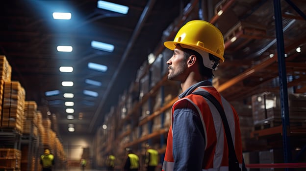 Professional female worker wearing a hard hat checks stock and inventory. Retail warehouse full of shelves photo