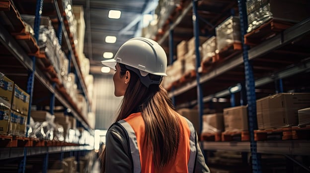 Professional female worker wearing a hard hat checks stock and inventory. Retail warehouse full of shelves photo