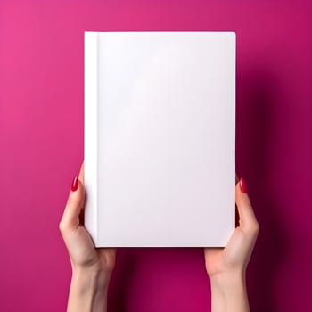 Woman hand holding book with blank cover on pink background, top view. generative ai photo