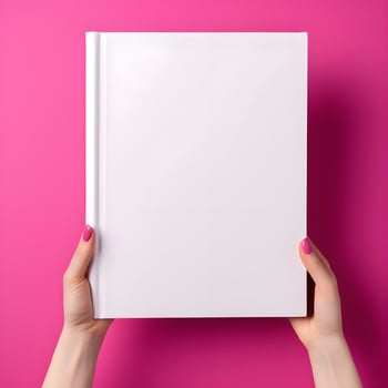 Woman hand holding book with blank cover on pink background, top view. generative ai photo