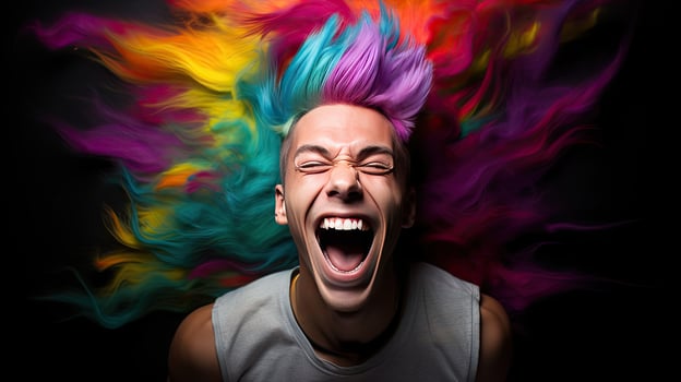 Close-up photo of a handsome multi-colored-haired man smiling widely, showing off his perfect teeth. Express your emotions in a brightly lit room The concept of people and happiness
