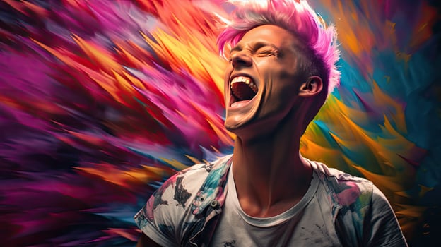 Close-up photo of a handsome multi-colored-haired man smiling widely, showing off his perfect teeth. Express your emotions in a brightly lit room The concept of people and happiness