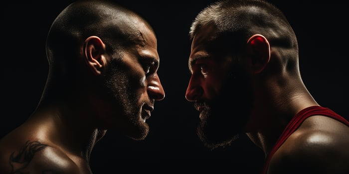 photorealistic image of two male boxers face to face. fight, duel, kickboxing. AI generated photo