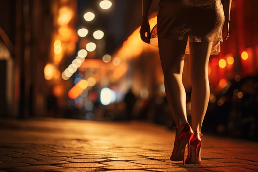 Sexy legs of young woman in high-heeled shoes on the street at night, Close up photo of beautiful woman's legs in high heels. Night city life, AI Generated