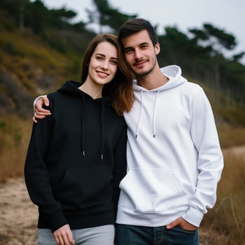 Illustration of a fashioncouple  portrait with plain hoodie mockup, AI Generated photo