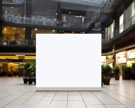 blank white mockup signboard positioned in a public shopping center. AI Generated photo