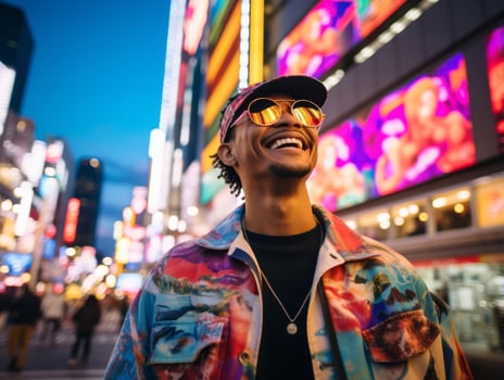 Man in future proof clothes enjoys a leisurely stroll through a neon lit city streets AI Generative photo