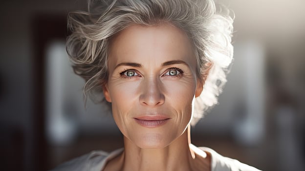 Beautiful middle-aged woman in her 50s looking at the camera Beautiful face, good health, cosmetics, skin care photo