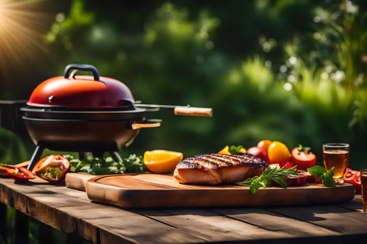 grill with vegetables and meat on a table. AI-Generated photo