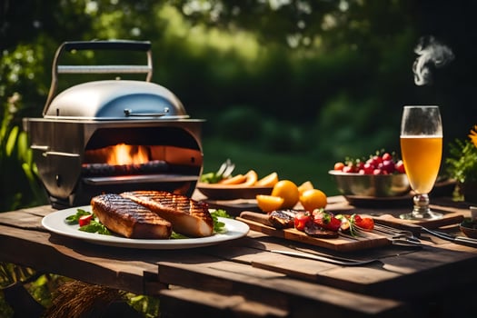 a grill with food and drinks on a table. AI-Generated photo