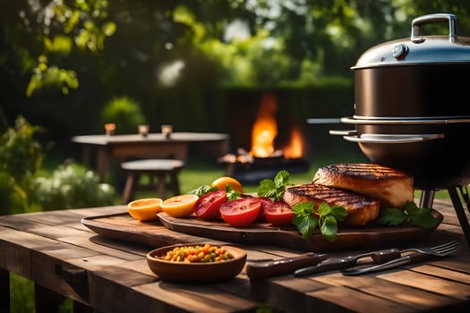 grill with food on a table in the backyard. AI-Generated photo