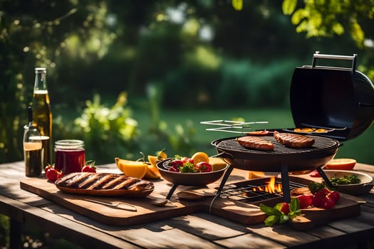 a barbecue grill with food and drinks on it. AI-Generated photo