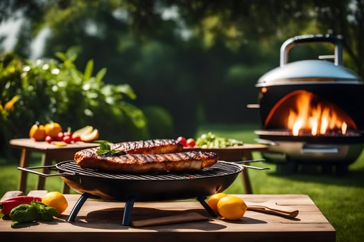 a grill with meat and vegetables on it. AI-Generated photo