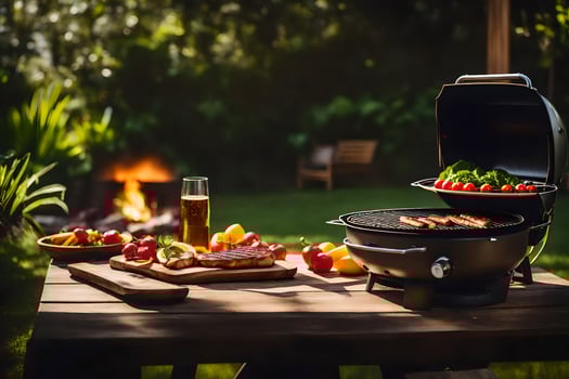 a grill on a table with food and a fire. AI-Generated photo