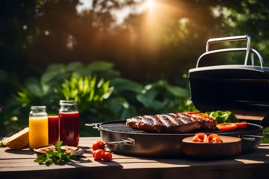 a grill with meat and vegetables on it. AI-Generated photo