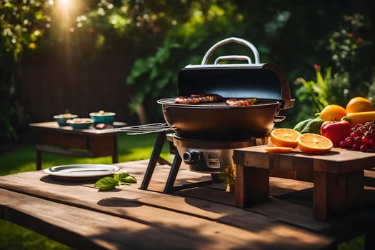 a grill on a table with food on it. AI-Generated photo