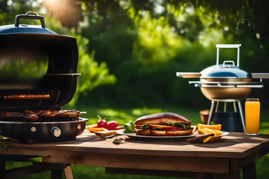 a grill with food on it and a bottle of orange juice. AI-Generated photo