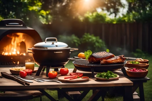 a grill with food on it and a fire pit. AI-Generated photo