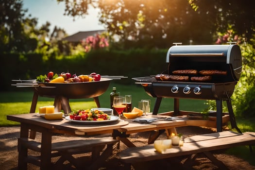 a barbecue grill with food on it. AI-Generated photo