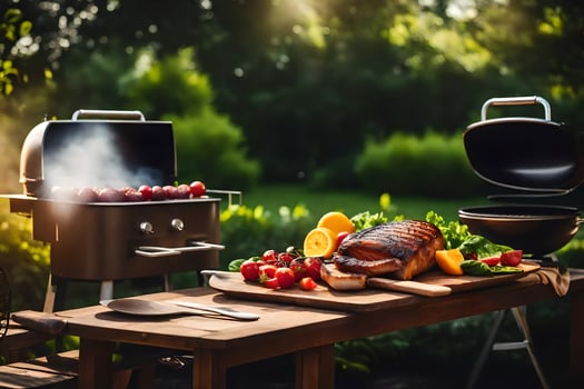 bbq grill with meat and vegetables on a table. AI-Generated photo