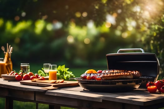 a barbecue grill on a table with food and drinks. AI-Generated photo