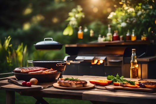 bbq grill with meat and vegetables on a table. AI-Generated photo
