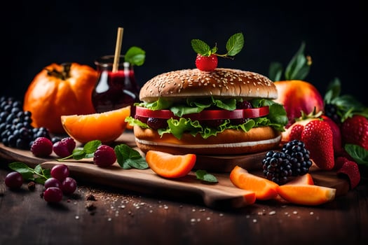a hamburger with fruit and vegetables on a wooden cutting board. AI-Generated photo