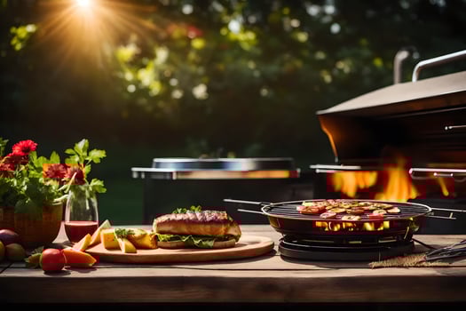 a grill with food on it and a bottle of wine. AI-Generated photo