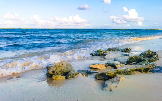 Stones rocks corals turquoise green blue water on beach Mexico. photo