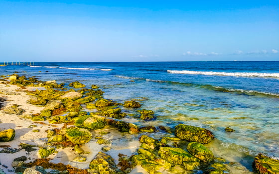 Stones rocks corals turquoise green blue water on beach Mexico. photo