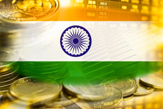 Stock market investment trading financial, coin and India flag or Forex for analyze profit finance business trend data background. photo