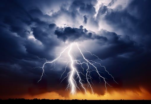Lightning strikes on a cloudy dramatic stormy sky. AI Generated photo