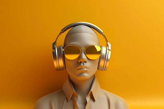 Minimal scene of sunglasses and headphones on human head sculpture, Music concept, 3d rendering. AI Generative photo