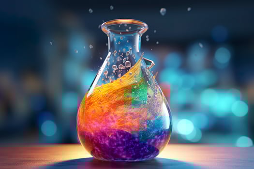 Close Up of a Science Beaker Filled with Multi Colored Liquids. AI Generative photo