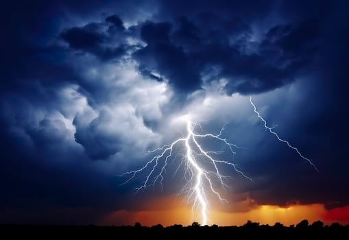 Lightning strikes on a cloudy dramatic stormy sky. AI Generated photo